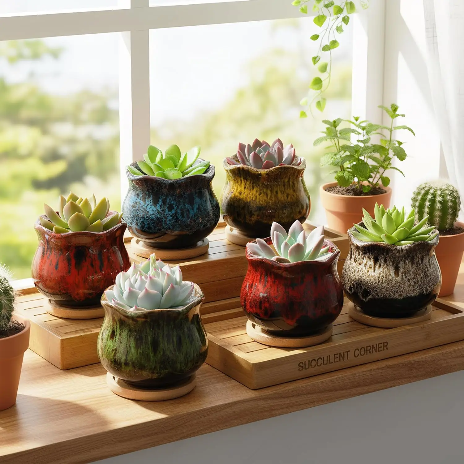 Set of 6 Succulent Plant Pots, 4 Inch Glazed Ceramic Cute Plant Pots with Drainage and Saucer, Small Cactus Flower Pots