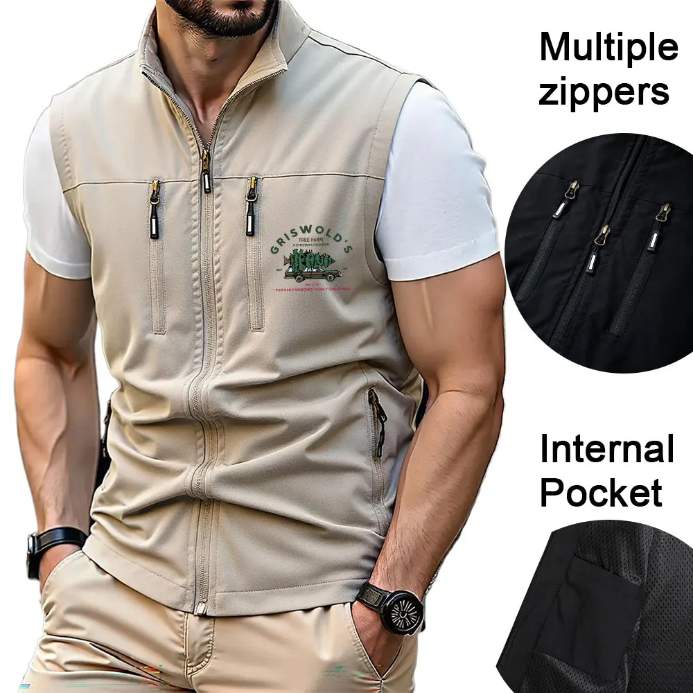 

Жилеты, мужская куртка с несколькими молниями, жилет с мультяшным принтом рождественской елки, спортивное пальто для бега для мужчин, пальто без рукавов с воротником-стойкой