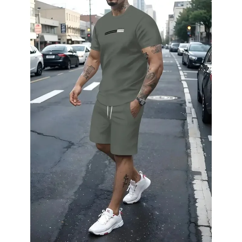 2025 Summer Beach Vacation Casual Wear Casual Short Sleeve Shorts 2 Summer Trendy Casual Men's Set Creative Engraved Printing