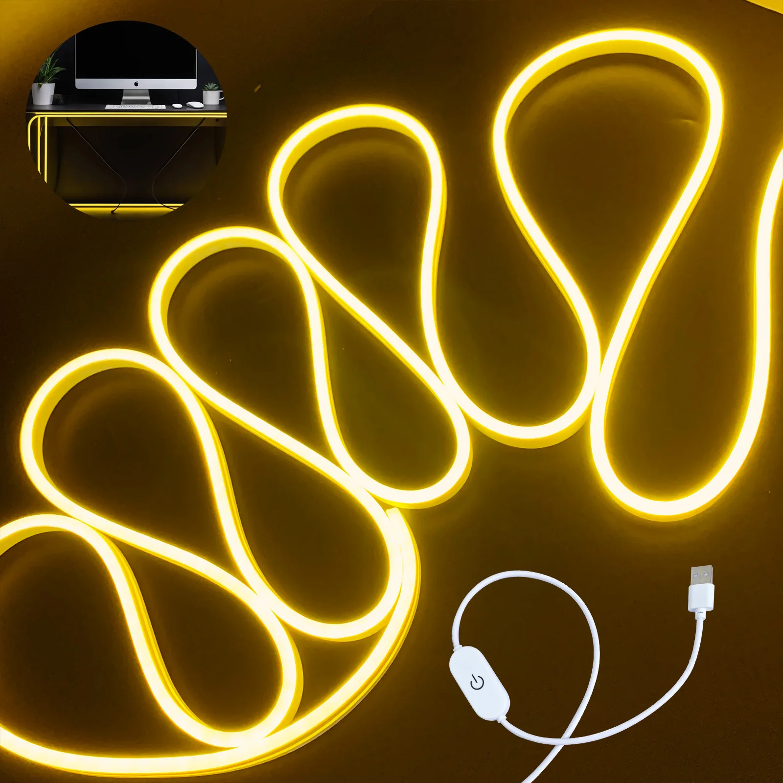 100-500cm/39.3-196.8inch Led Yellow Flexible Neon Light Strip, niskonapięciowy zasilacz USB 5v, dotykowe światło regulacyjne, zewnętrzne wewnętrzne