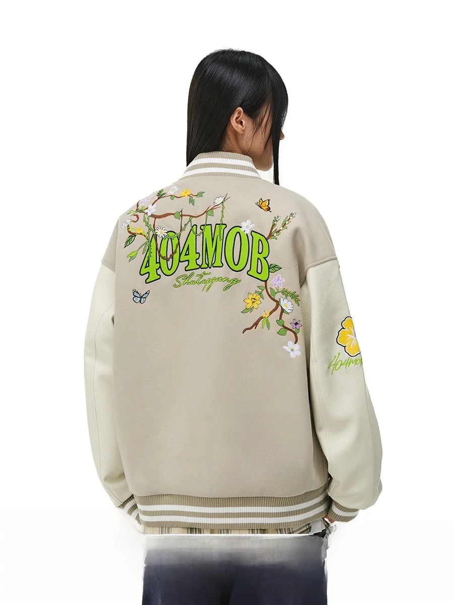 

Heavyweight Floral Embroidery American Sle Baseball Jaet Men's Women's Color Blo PU Leather Pilot Thiened Jaet