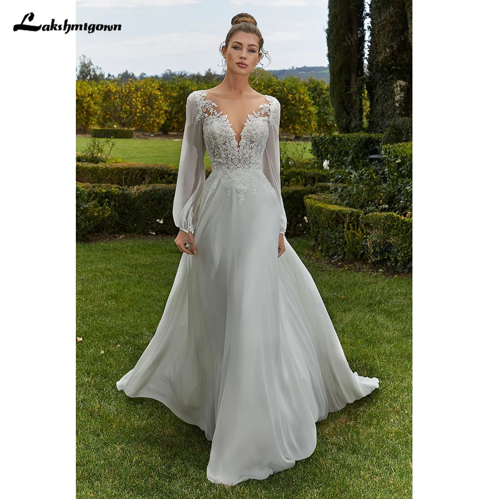 Lakshmigown Chiffon-Hochzeitskleider für die Braut, V-Ausschnitt, Plissee-Spitzenapplikationen, lange Ärmel, rückenfreies Robe De Soiree De Mariage – Detail 6