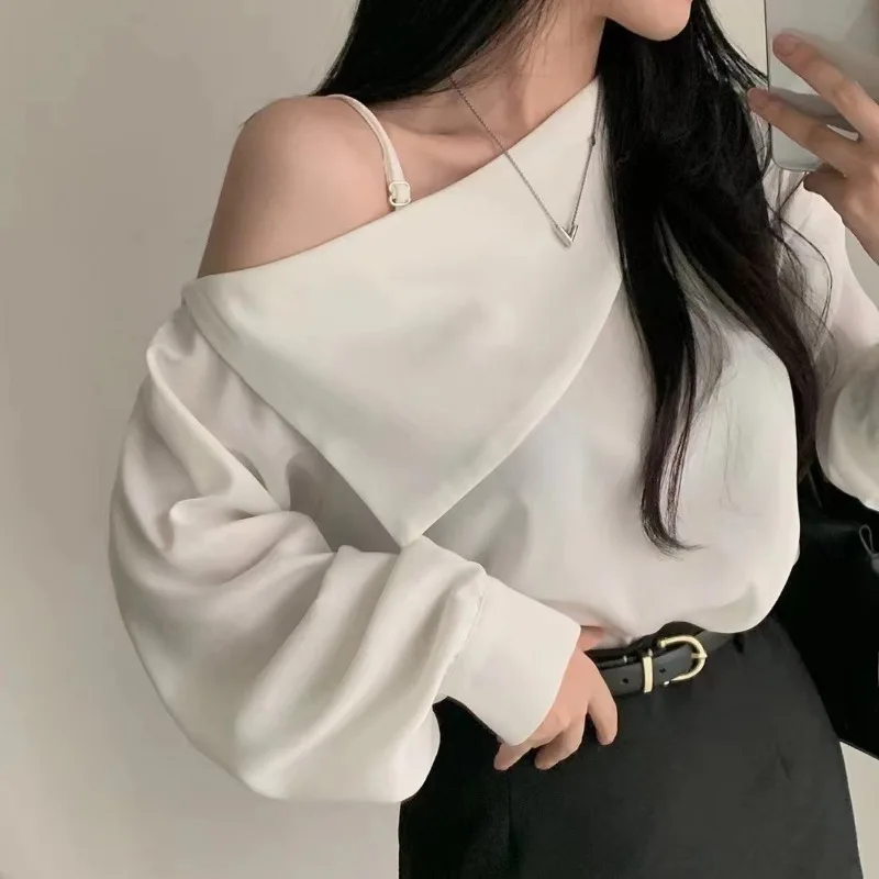 

Elegant Long Sleeve Shoulder Bared Shirt Pure Color Commute Style Korean Version Spring Autumn Casual Sweet Style Lace Shirt