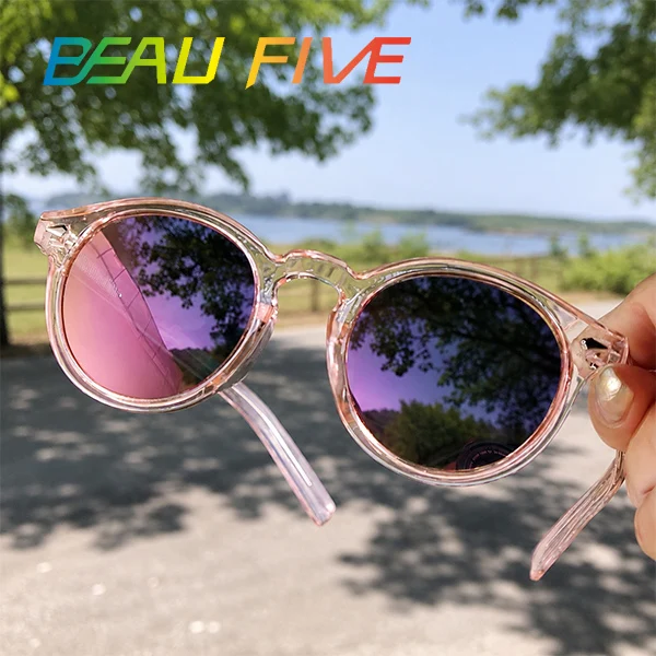 

BEAU FIVE Retro Polarized Sunglasses Women Men UV400 Round Mirror Lens Clear Frame Summer Driving Fishing Beach Travel Shades