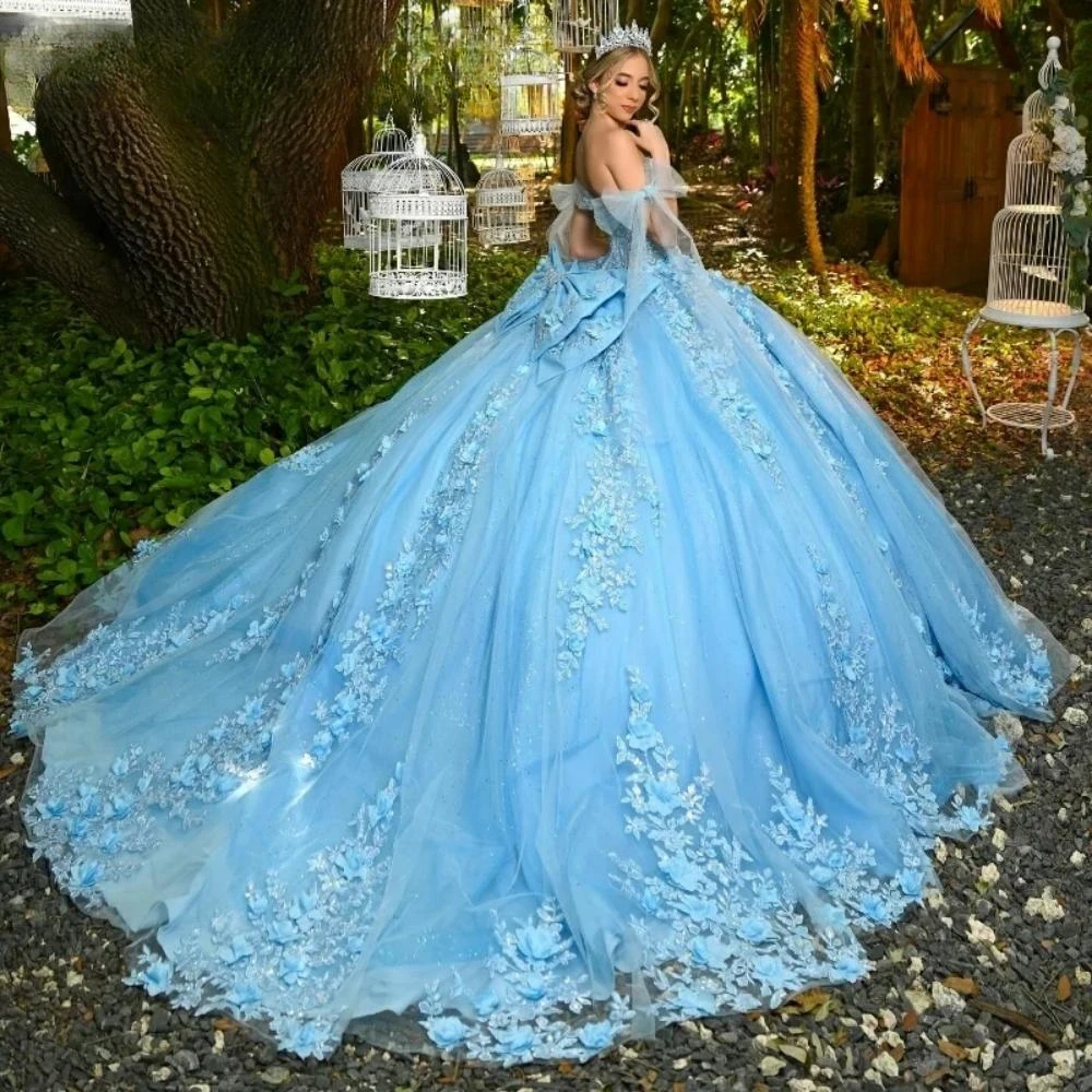 Customized Shiny Sequins Quinceanrra Prom Dresses Charming Appliques 3D Flower Princess Off The Shoulder Sweet 16 Dress Vestidos