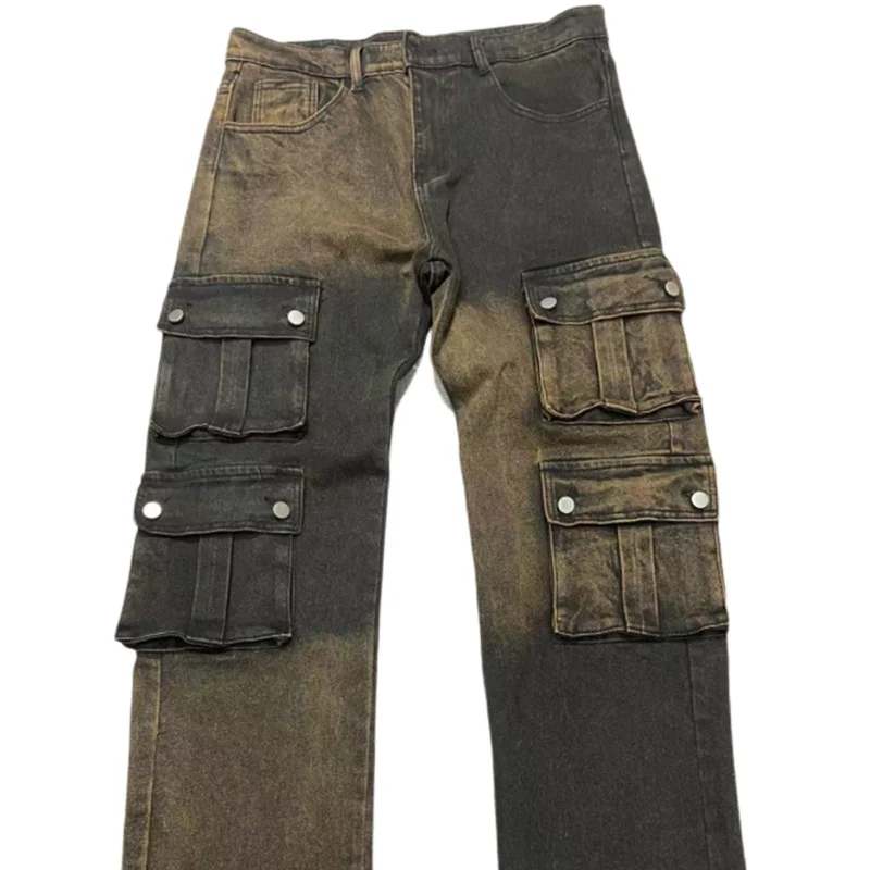 High End Tooling American Jeans Design Pocket Loose High Street Straight Wide-leg Pants Thick Material Contrasting Cargo Pants