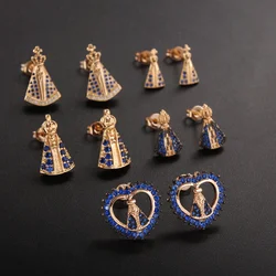 MHS.SUN Newest Virgin Mary Stud Earrings Gold Plated Mosaic Blue Zircon Earring Luxury Religious Jewelry For Women Party Gift