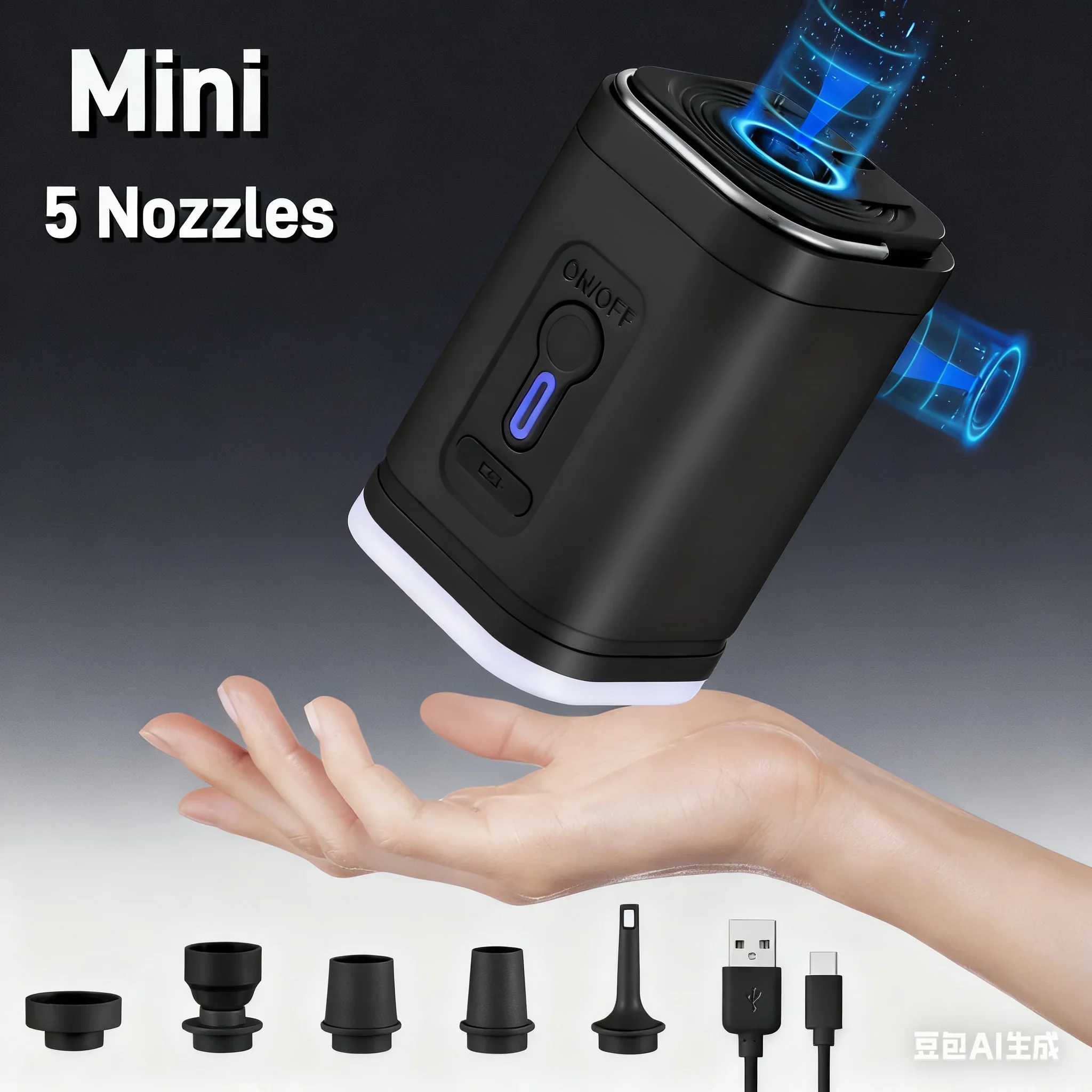 Mini bomba de aire portátil con batería de 1300mAh, recargable por USB para inflar y desinflar para flotadores de piscina, cama de aire y bolsas de almacenamiento al vacío