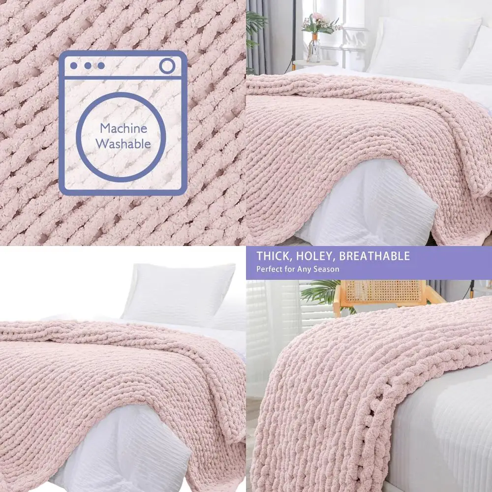 

Handcrafted Jumbo Chenille Throw, 51x63, Plush Cable Knit, Cozy Sofa Blanket in Rose Tan