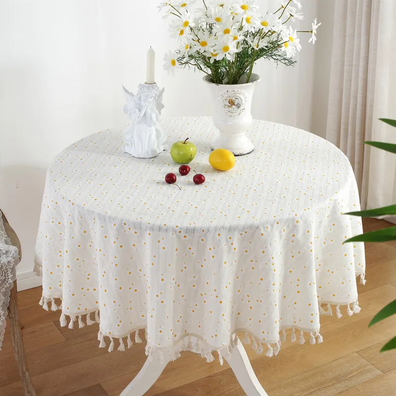 Circular Table Cover for Kitchen Dinning Room Tabletop Decor Round Tablecloth Cotton Table Cloth with Tassel Dust-Proof Floret