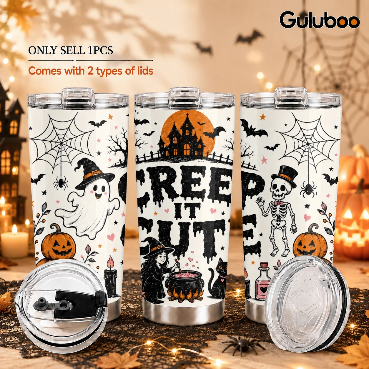 Happy Haunted House Vacuum Flasks 20oz Stainless Steel Travel Mug with 2 Lids & Reusable Straw Vacuum Insulated Coffee Cup