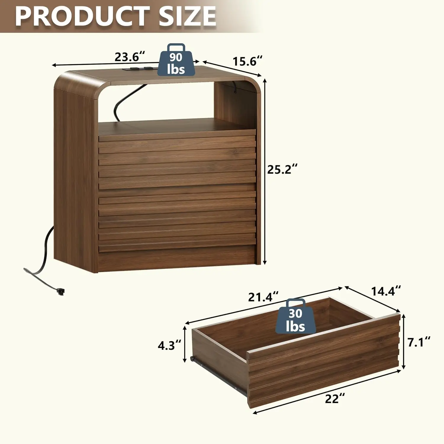 Modern Nightstand with Charging Station, 23.6