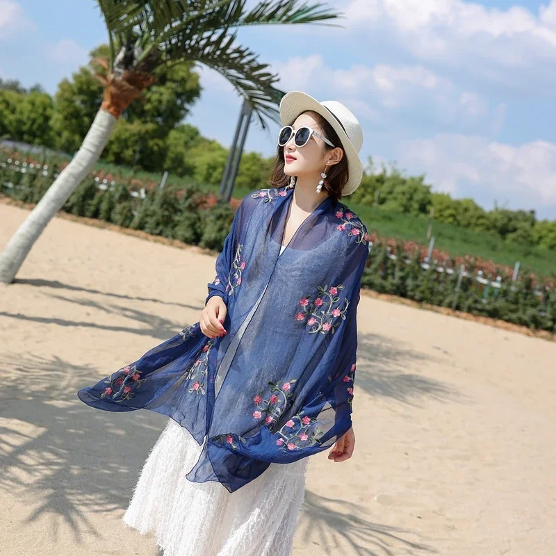 Fashion Embroidery Floral Chiffon Scarf Hijab Women Muslim Beach Headscarf Soft Wraps Headband Summer Sunscreen Shawls 170*65cm