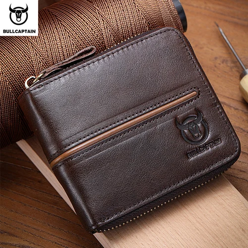 Cartera Bullcaptain retro RFID con cremallera y compartimento para hombre, tarjetero RFID, mini cartera de cuero antirrobo para hombre
