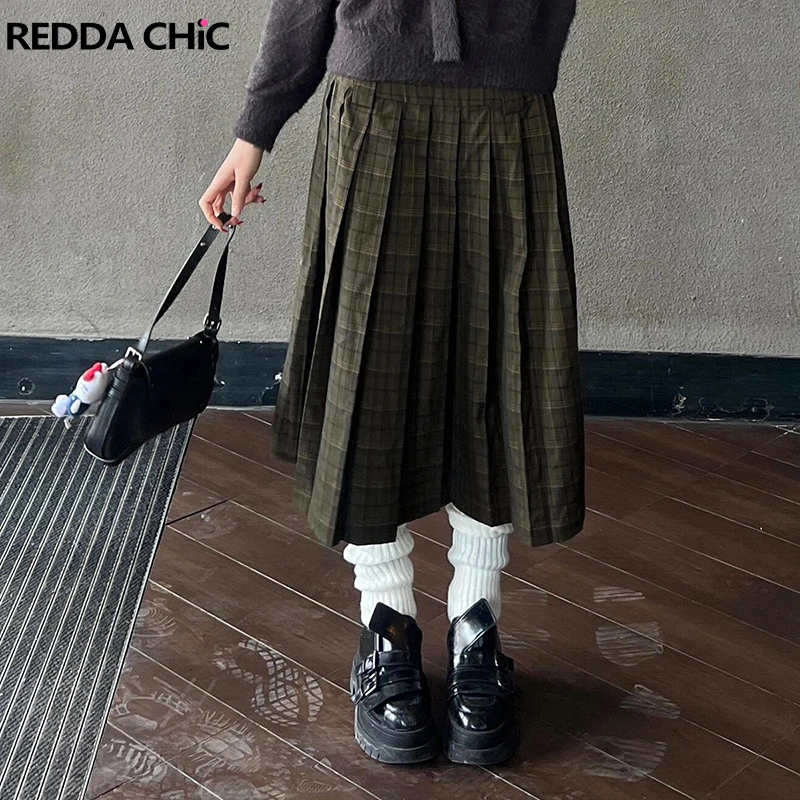 ReddaChic Teen Girl Tartan Pleated Skirt Women Cozy Cotton Casual A-line High Rise Midi Long Skirt School Uniform Retro Clothes