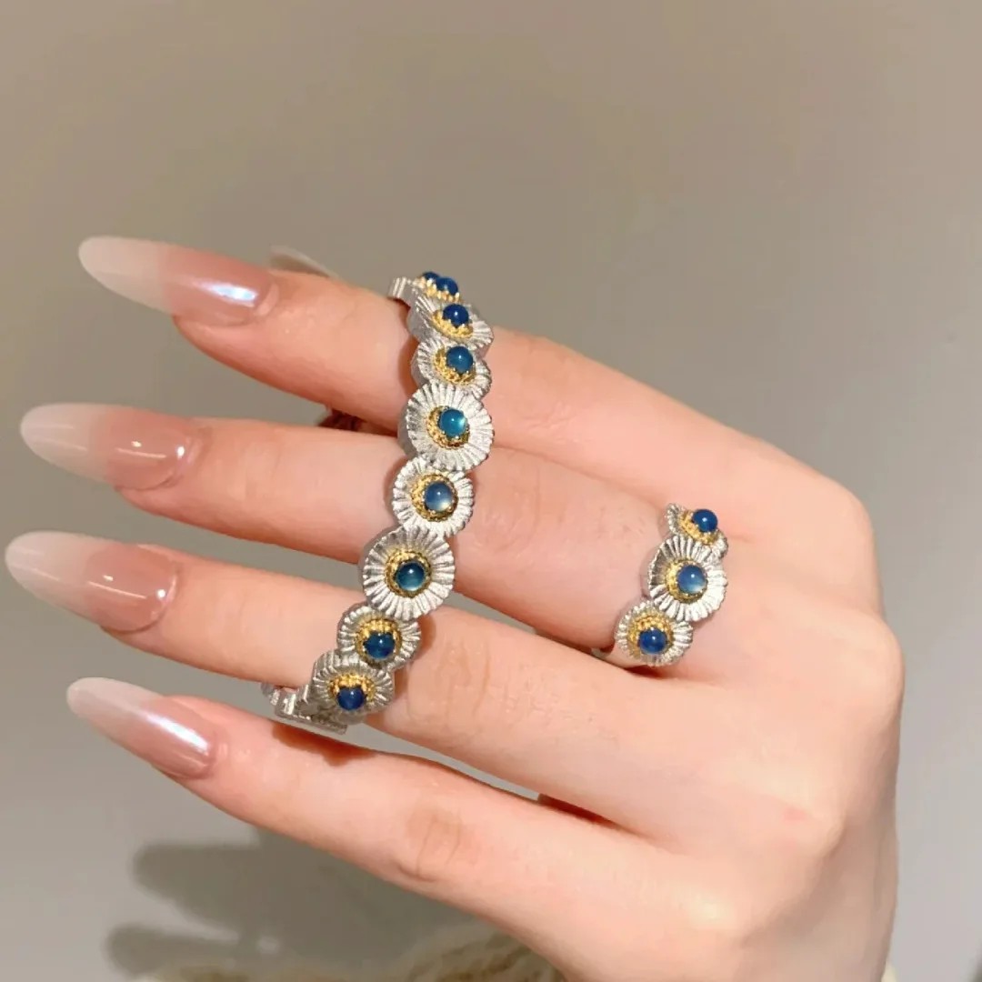 Foydjew Italian Retro Jewelry Small Daisy Flower Design Bracelets Bangles Blue Chalcedony Rings Jewelry Sets For Women