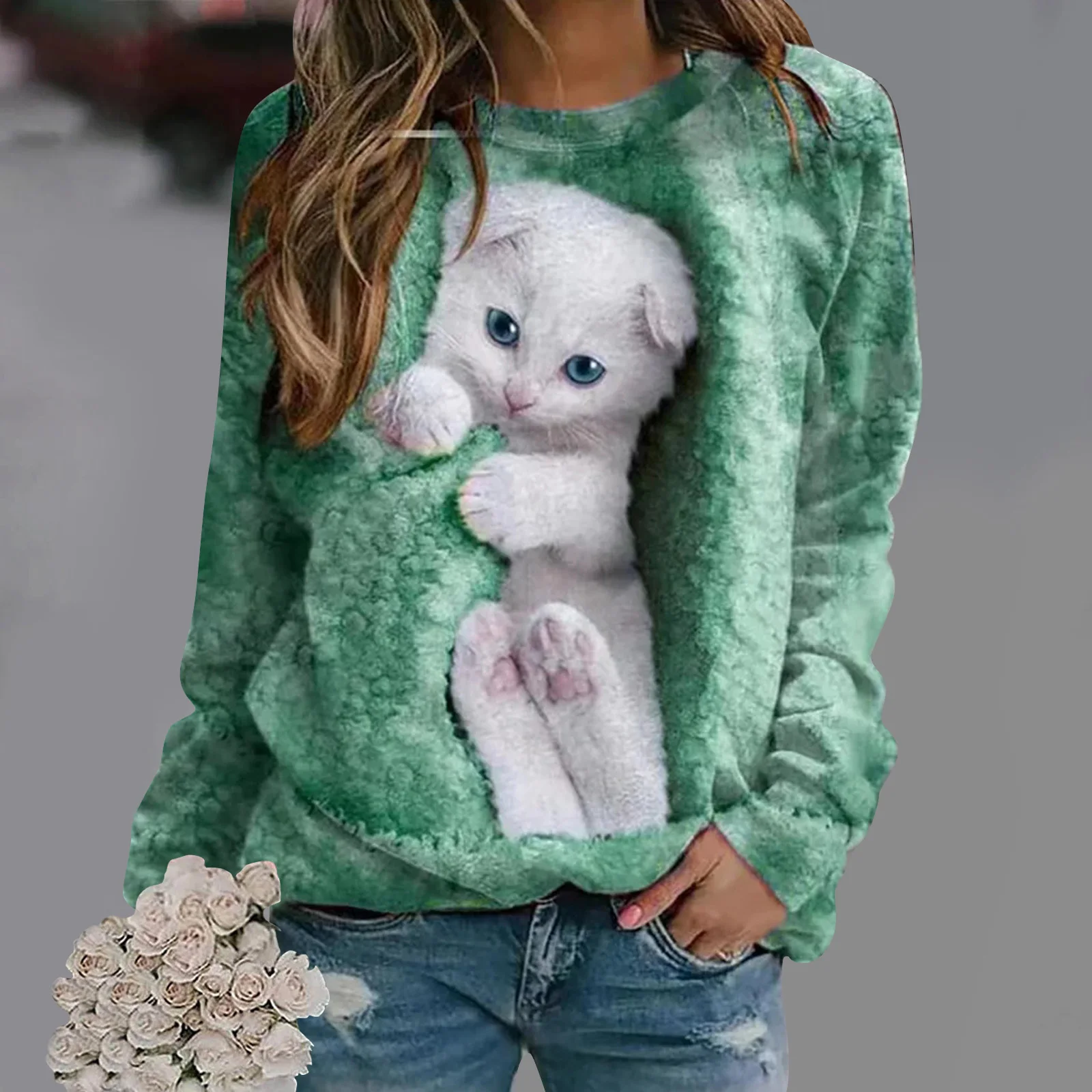 

Women's Sweatshirt Kitten Print Fashion 2024 Autumn Casual Pullover Comfortable Soft Pullover Round Neck Loose Outdoor Women Top