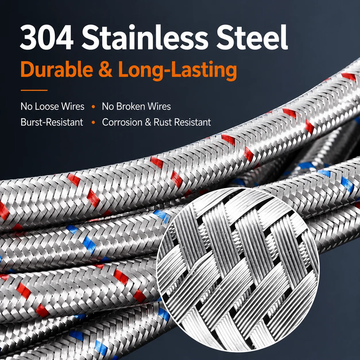 304 Stainless Steel Braided Faucet Connector Hot Cold Water Supply Hose Anti Burst for Kitchen Bathroom Sink