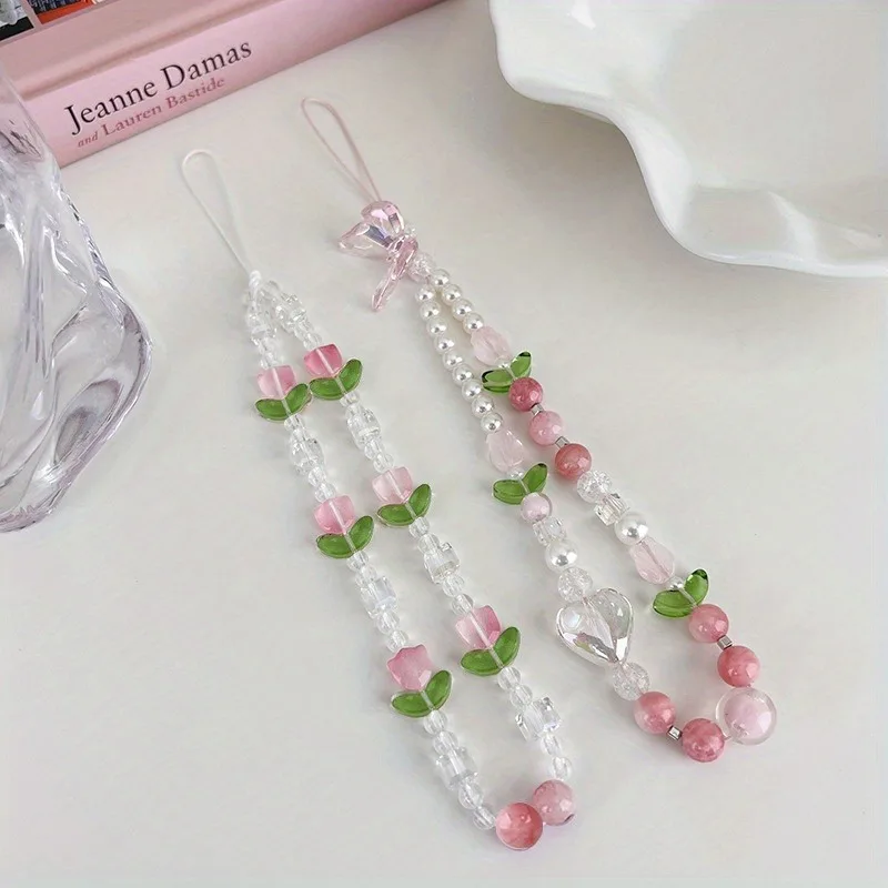 Pfirsichfarbene Perlen-Handy-Charm-Riemenkette, süßer Mädchenschmuck für Frauen, Perlen-Handy-Blumen-Lanyard für iPhone-Schlüsselanhänger