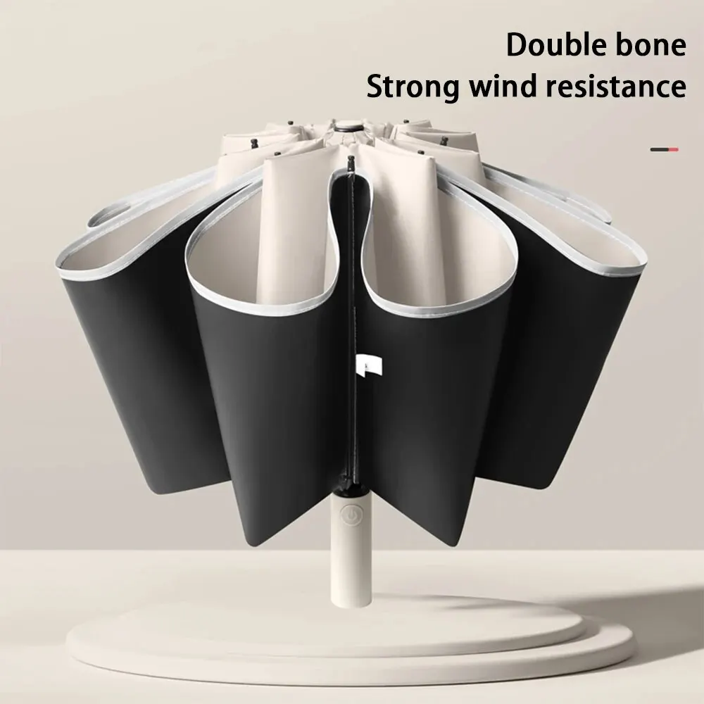 Reflective Umbrellas Reverse Three Fold 20 Bone Black Glue Automatic Sunshade Sunscreen Rain Umbrella Strong Wind Resistance