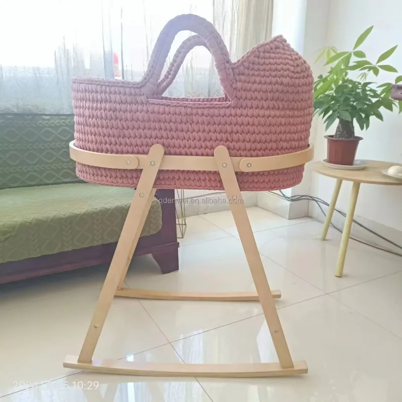 Handmade Crochet Baby Changing Basket, Cotton Moses Basket Dresser with Upholstered and Waterproof Cover