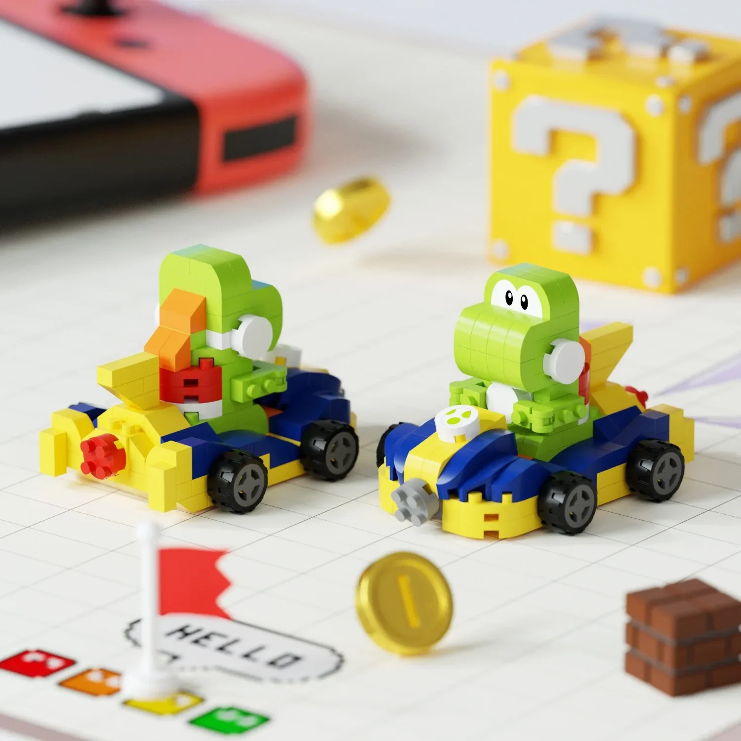 NEU 4 Stück Super Mario Bros Martin Auto-Bausteine Luigi Bowser Yoshi Spielzeug Rückzieh-Auto Spielmodell Sammlerstück Geburtstagsgeschenk – Detail 3