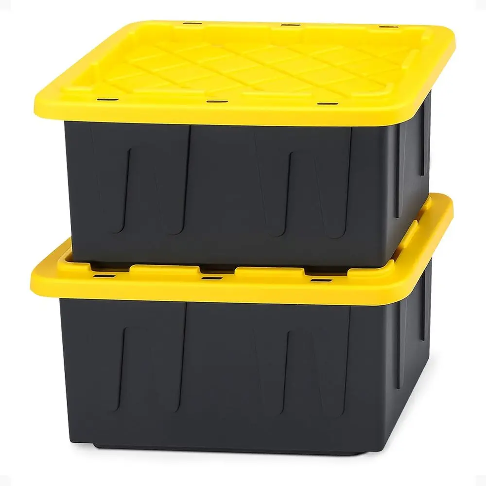 2-Pack Durabilt, Heavy Duty Plastic Storage Bins with Lids, 15 Gallon, Black/Yellow - Stackable Container Boxes or Home, Attic,