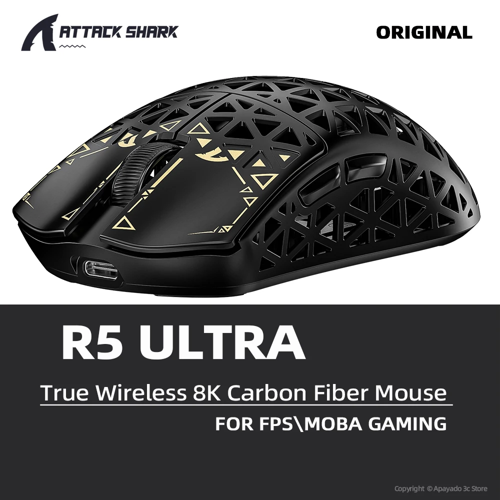 

Беспроводная игровая мышь Attack Shark R5 Ultra для FPS/MOBA с частотой опроса 8K, сенсором PAW3950MAX, разрешением 42000 DPI и переключателями OMRON 100M