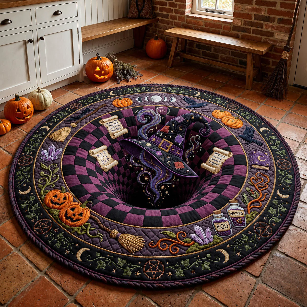 Horror Halloween Round Rug Bat Cat Skull Printed Plush Surface Non-slip Carpet for Home Outdoor Decor Door Mat, Cthulhu Antenna