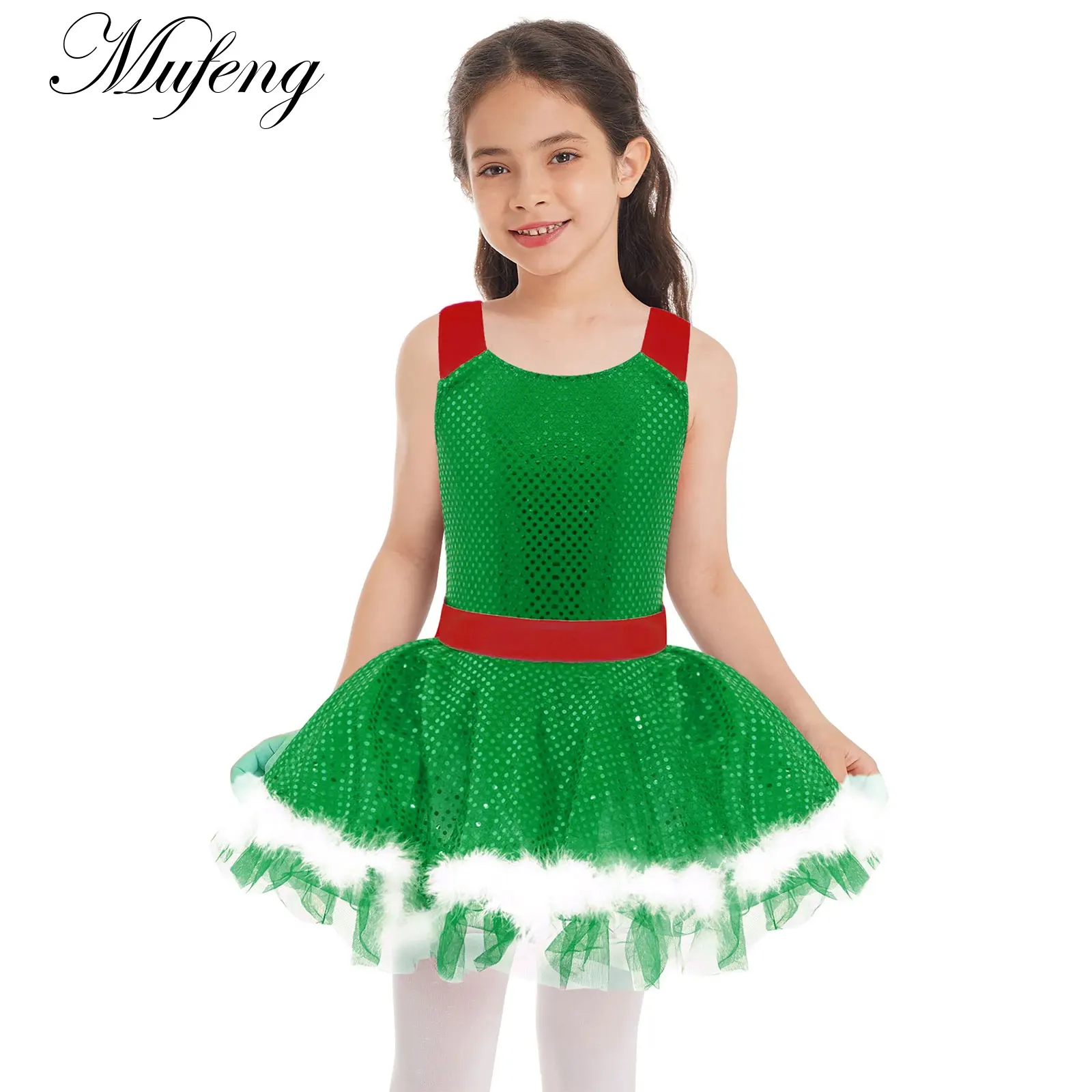 Kid Girls Christmas Dance Dress Sleeveless Leotards Ballet Dance Sparkly Tutu Dress Ballerina Outfits Figure Skating Tutu Dress