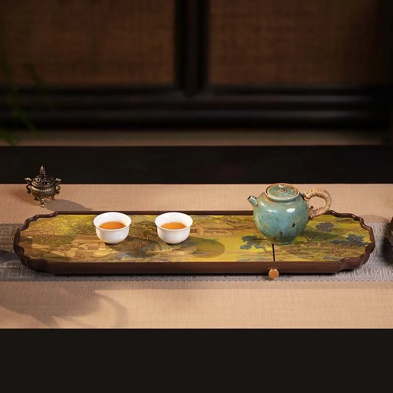 

Retro Copper Tea Tray with Taocun Thatched Cottage Design Double-sided Water Storage and Drainage Dualuse Electric Wood Tea Tray