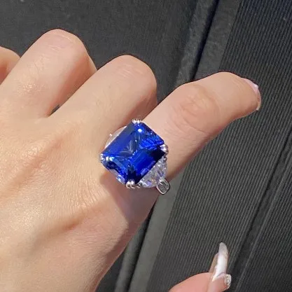 

New S925 Silver 15 Carat Rectangular 13 * 16 Red Treasure Blue Treasure Fashion OL Ring Wedding Jewelry