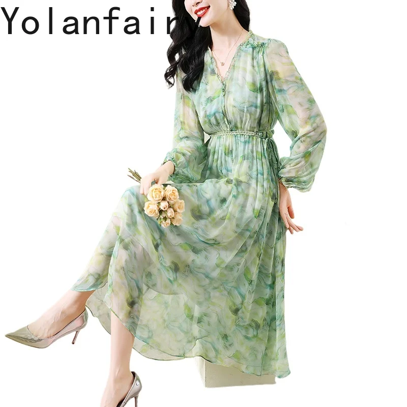 YOLANFAIRY 100% فستان التوت الطبيعي للمرأة 2025 الخريف فستان طويل الأكمام فستان فاخر جودة عالية فساتين حريمي فستان زهري