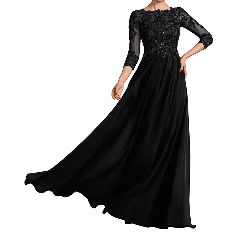 QMANSHA Maßgeschneidertes langes Brautjungfernkleid mit dreiviertellangen Ärmeln, Spitze, Chiffon, formelles Abendkleid, A-Linie, Hochzeits- und Partykleid – Detail 12