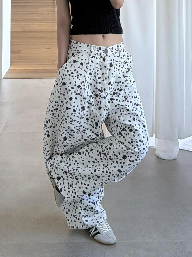 ReddaChic Vintage Leopard Balloon Jeans Woman Y2K Low Rise Seam Panel Oversize Wide Leg Barrel Denim Pants Boyfriend Streetwear