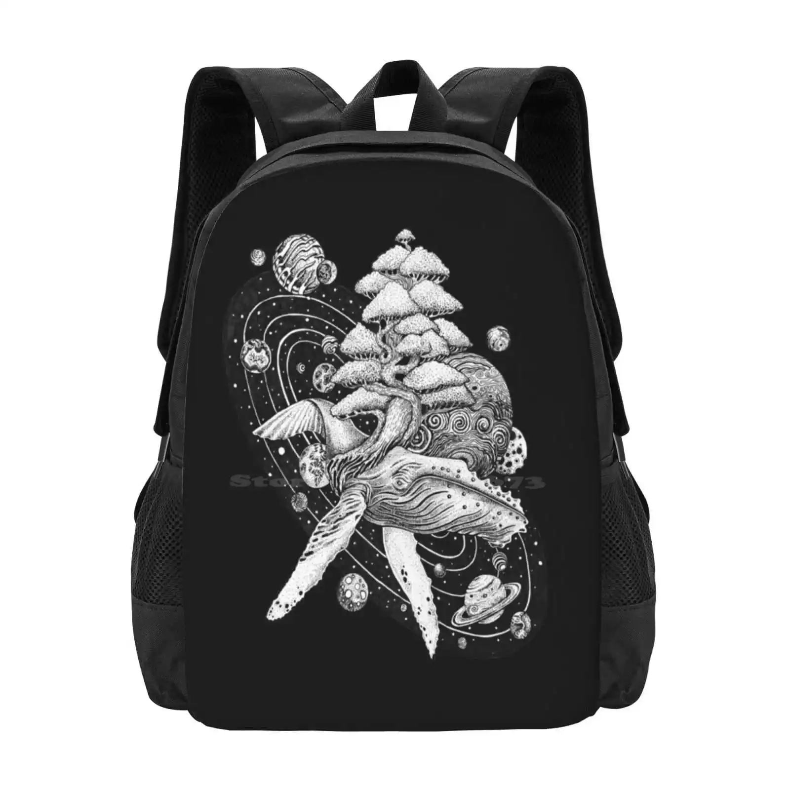 Bolsas escolares de ballena espacial para niñas adolescentes, bolsas de viaje para computadora portátil, ballena, bonsái, árbol, diseño de tatuaje, estilo de tatuaje, planetas, Luna, Saturno