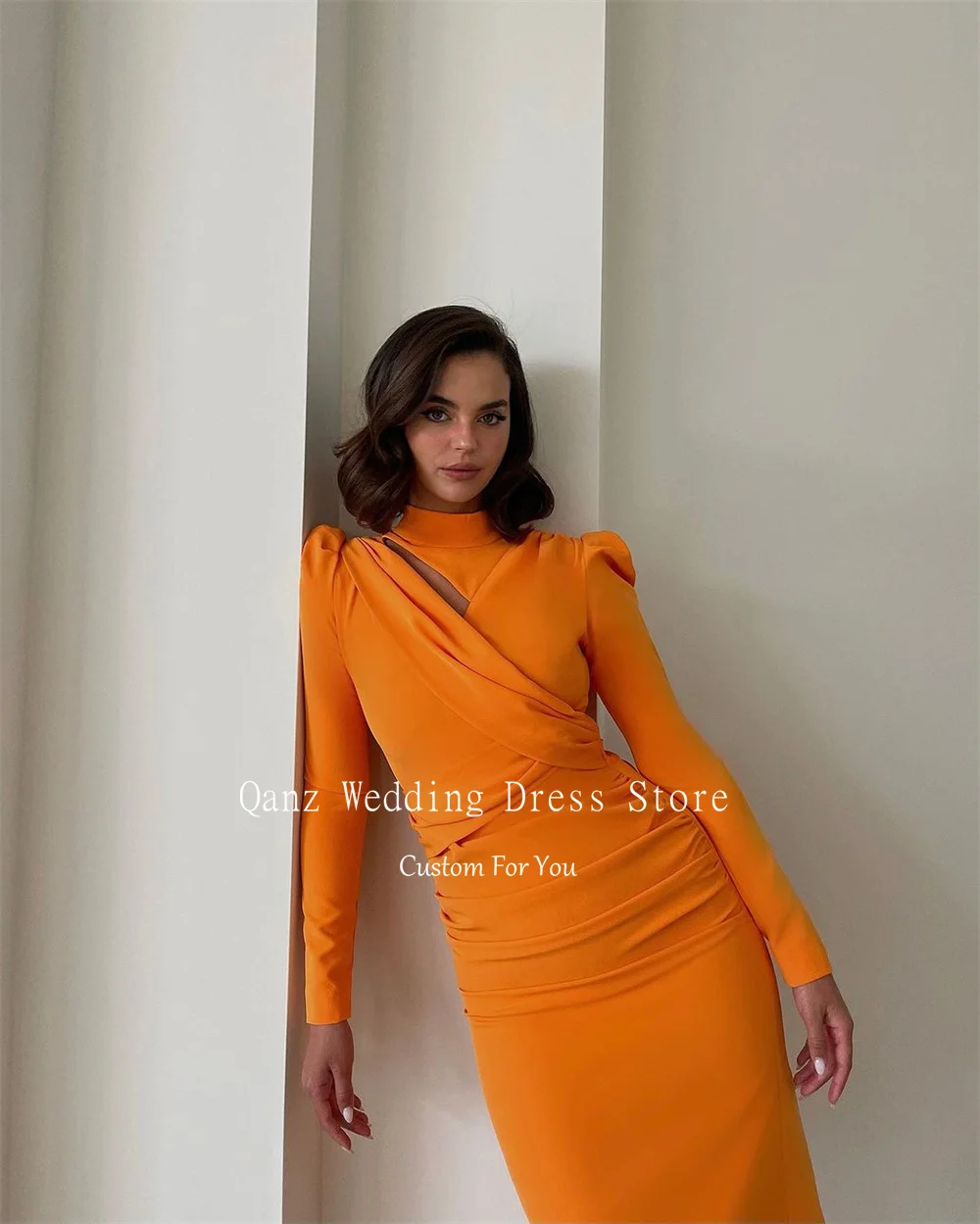 Qanz-Vestidos De Noche De satén De alta calidad, color naranja, manga larga, sirena, longitud del té, Vestidos De Fiesta De cuello alto personalizados