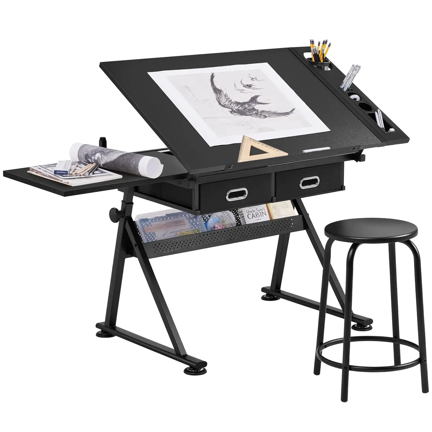 Adjustable Drafting Table Art Desk,Storage Drawers & Stool,Black
