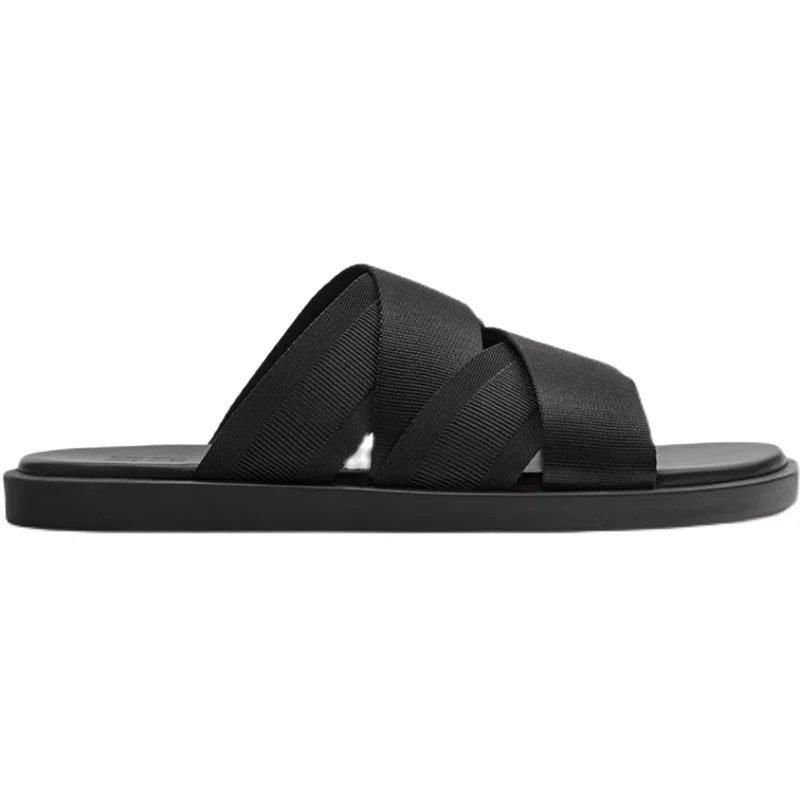 Men\'s Easy Wear Black Cross-tied Belt Simple Outdoor Slippers Beach Shoes Non-slip Slip-on Comfortable Slides Male