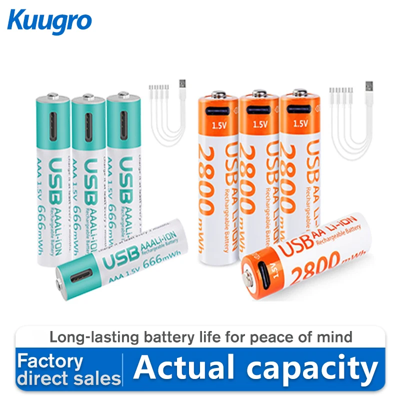 

kuugro USB 1.5V AAA and AA Rechargeable Lithium ion Batteries 1.5V 2800mWh aa Li-ion Batteries+666mWh 1.5V aaa Li-ion Battery
