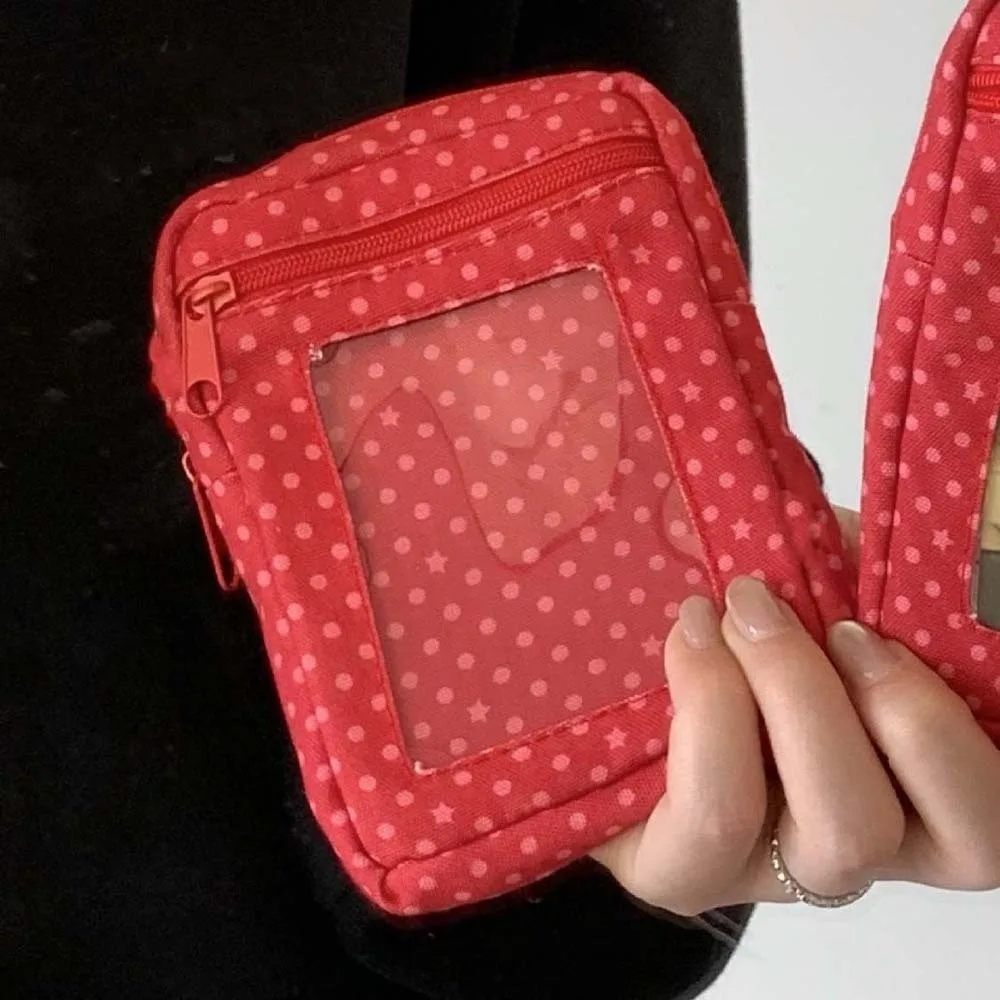 

Red Polka Dot Coin Purse Zippered Canvas Fabric Clear Window Pouch Compact Size Transparent PVC Photocard Holder School Life