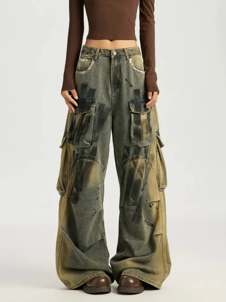 

2025 американский ретро стиль Y2K, потертые синие мешковатые женские джинсы-карго, брюки, уличная женская одежда, широкие джинсовые брюки