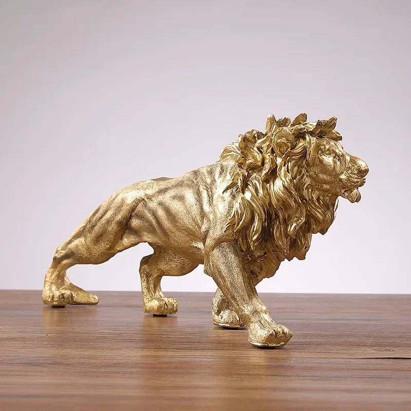 Złote król lew Ornament z żywicy biura na biurko do domu statua zwierząt akcesoria do dekoracji salonu Ornament dekoracyjny do domu