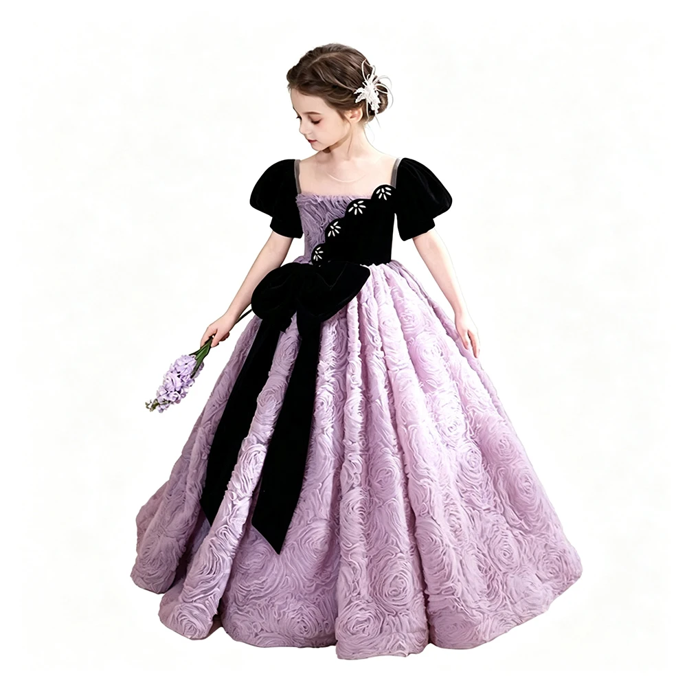 High End Princess Girls Elegant Pageant Birthday Party Piano Recital Dress Short Sleeve Big Bow Kids Evening Prom Banquet Gown