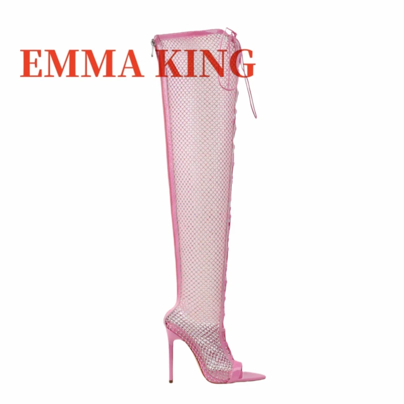 رقيقة صنادل عالية الكعب للأحذية النسائية شبكة الدانتيل يصل أحذية المصارع أنيق الوردي حجر الراين شبكة صيد السمك خنجر أحذية طويلة