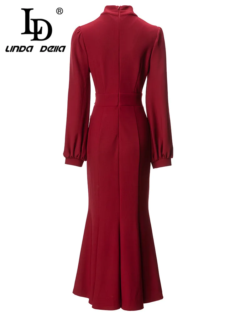 LD LINDA DELLA Autumn and winter Elegant Party Dress Women's Red Long Sleeve Extravagant Nail Bead Button Slit Slim Fit Dress