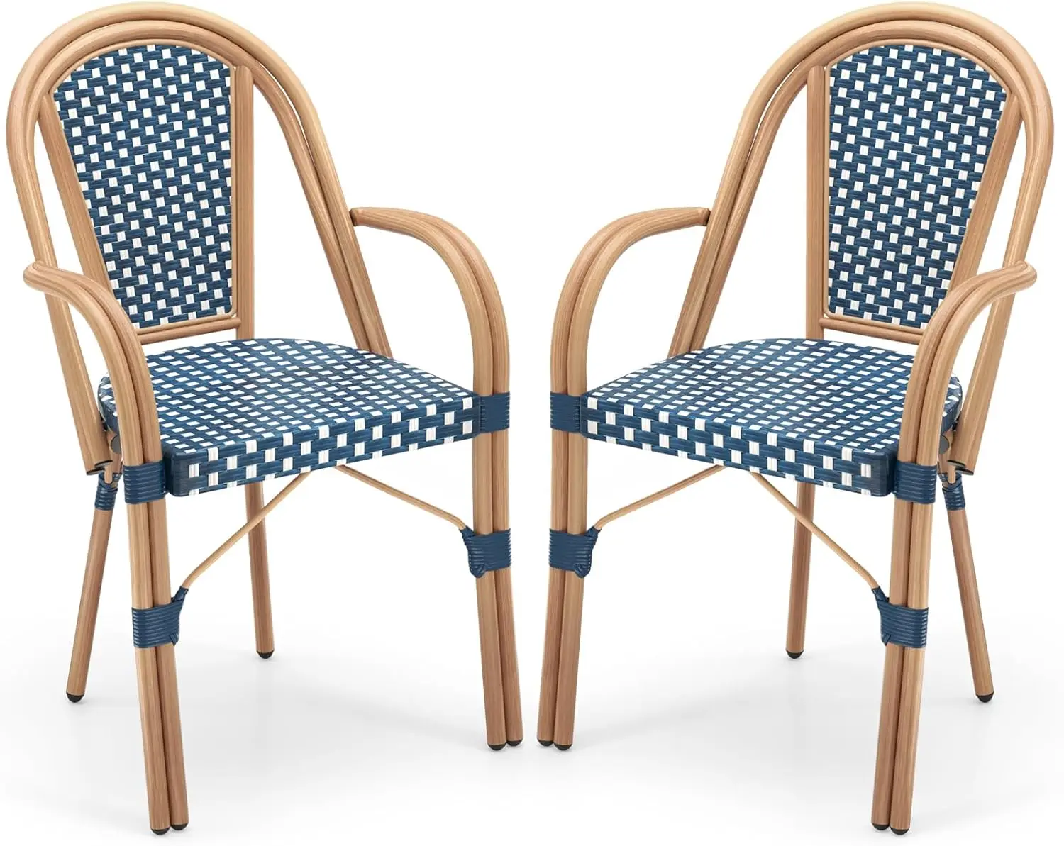 

French Bistro Chairs (Set of 2) - Hand-Woven PE Wicker, Armrests + Galvanized Frame (Blue)