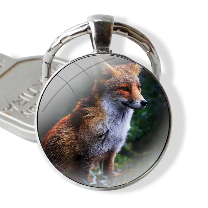 Funny Painting Red Fox Oil Paintings Keychain Handmade Glass Cabochon Key Ring Holder Pendant Key Chains