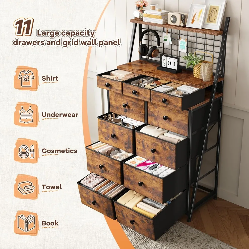 Cômoda de 51 polegadas com iluminação LED com 11 gavetas, painéis de grade de arame e prateleiras abertas para quarto, entrada, dormitório e estilo rústico