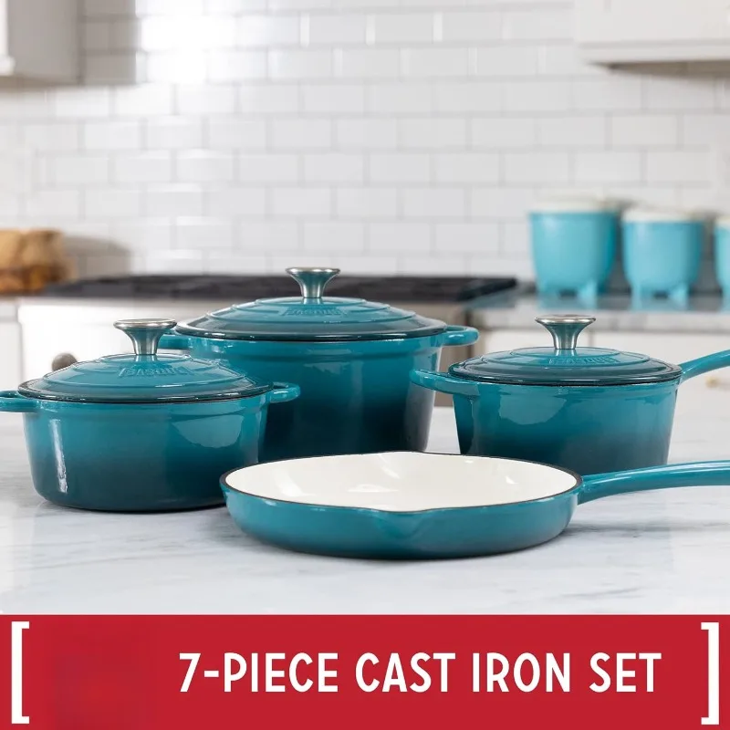 Enameled Cast Iron Cookware Set, 7-Piece Set (Biscay Blue), Nonstick, Oversized Handles, Oven Safe; Skillet, Saucepan,